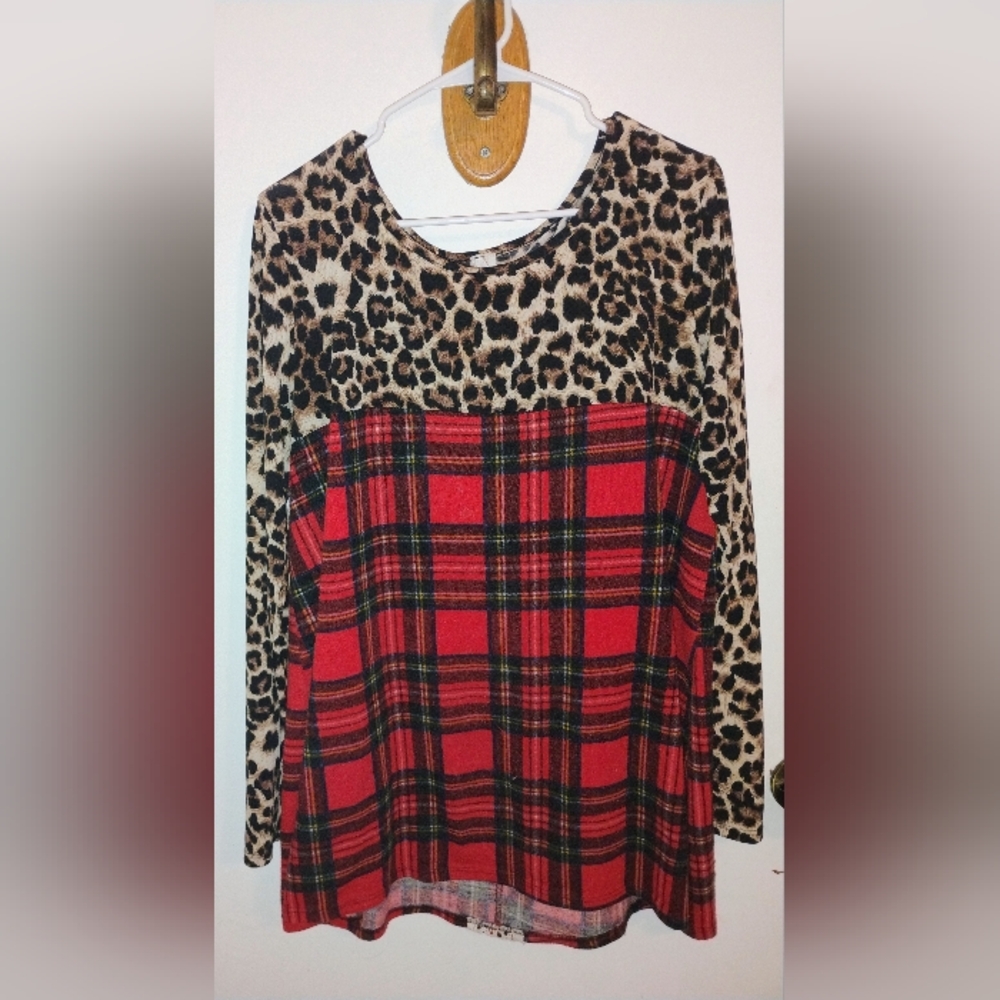 Red and Black Plaid and Leopard Print Top